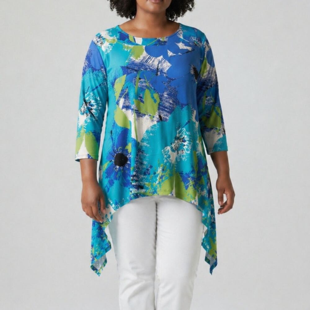Ruby Road 1X Blue Green Sharkbite Tunic Top Stretch Rayon